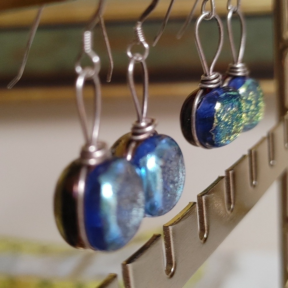 Round Dichroic Glass Sterling Wrapped Earrings - Picture 6 of 16